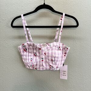 Unique Vintage Lavender + White Gingham Cherry Print Cropped Bustier - M - NWT